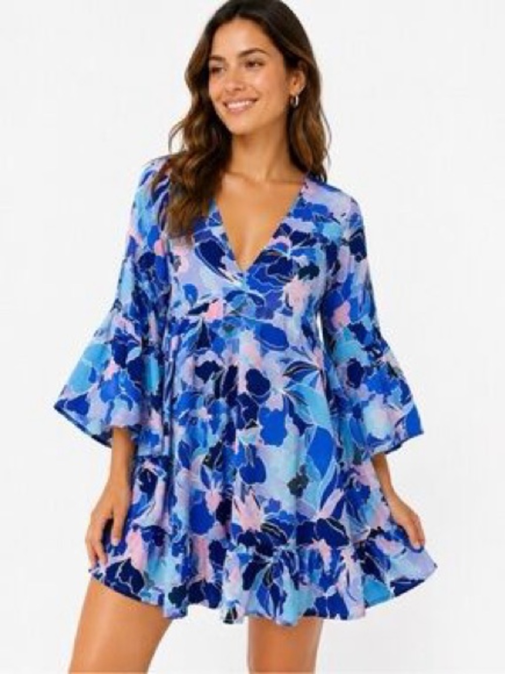 Label of Love Blue Floral Bell Sleeve Mini Dress Size Small